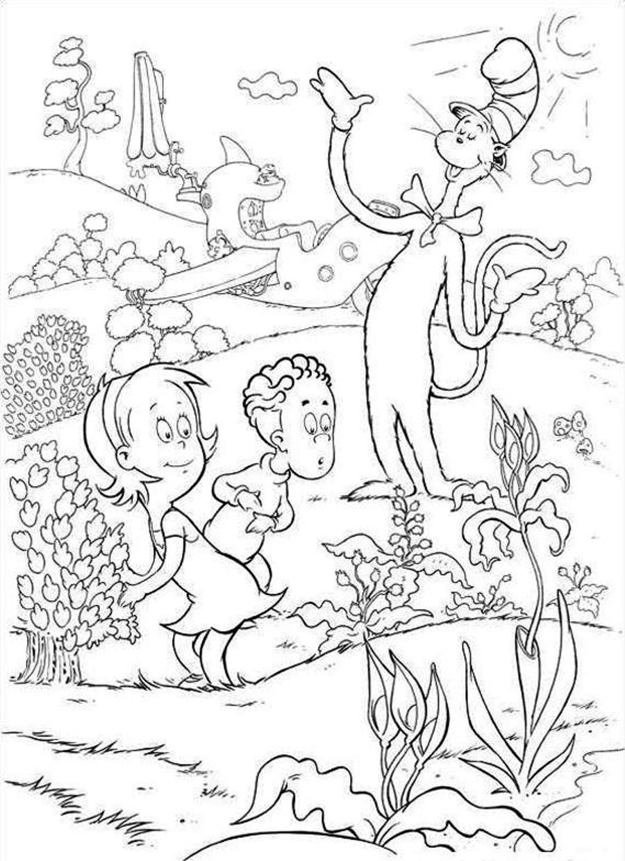 Free printable cat in the hat coloring pages for kids