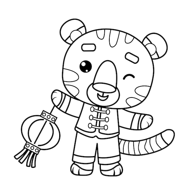 Premium vector coloring book for children chinese new year tiger and chinese lantern