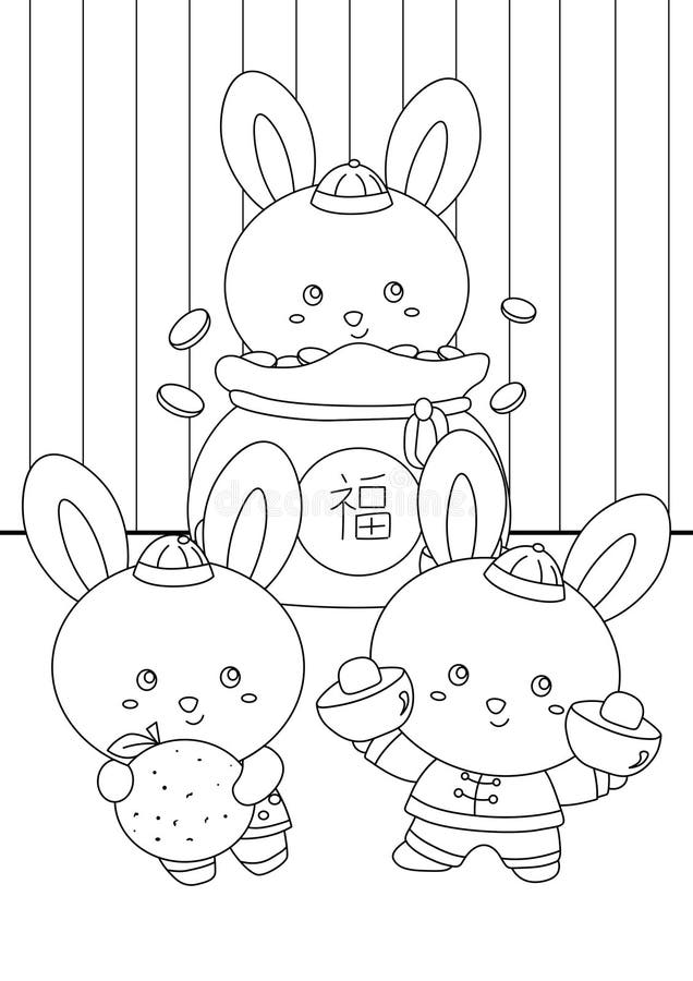 Happy rabbit chinese new year coloring pages for kids and adult stock illustration