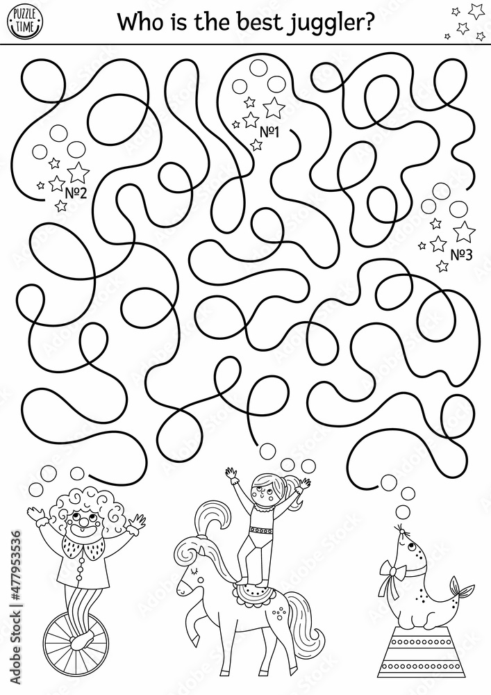 Circus black and white maze for kids with clown gymnast sea lion amusement show preschool line printable activity with artists entertainment labyrinth coloring page with jugglers vector