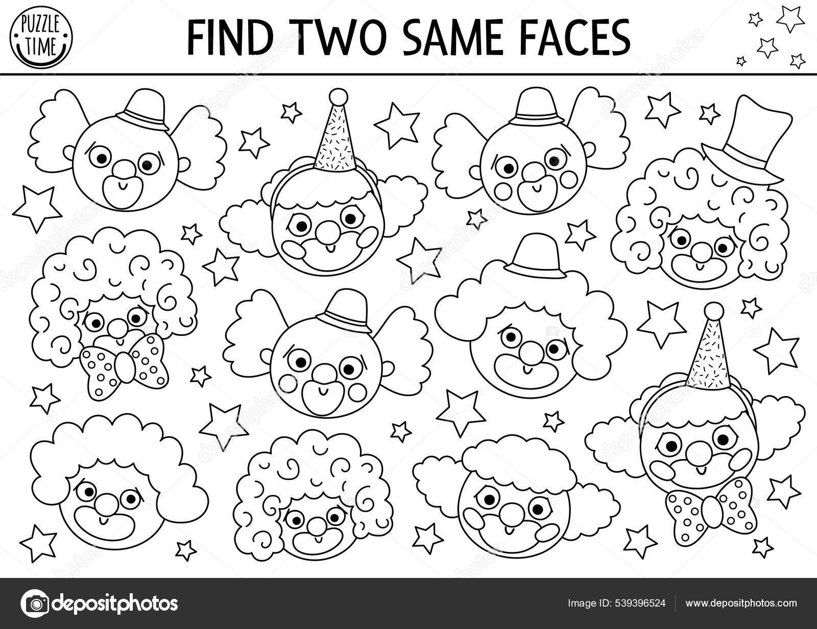 Find two same clown faces circus black white matching activity stock vector by lexiclaus