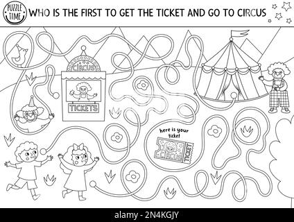 Circus black and white maze for kids with clown going to the stage amusement show preschool line printable activity with cute artist or performer en stock vector image art