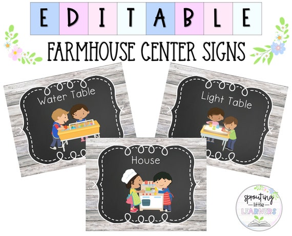 Classroom center signs preschool centers printable editable blank template farmhouse rustic theme
