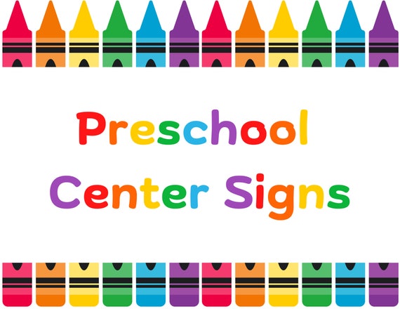 Rainbow crayon preschool center signs set of printable classroom labels instant download download now