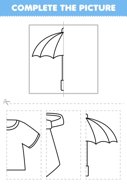 Premium vector education game for children cut and plete the picture of cute cartoon umbrella half outline for coloring printable wearable clothes worksheet