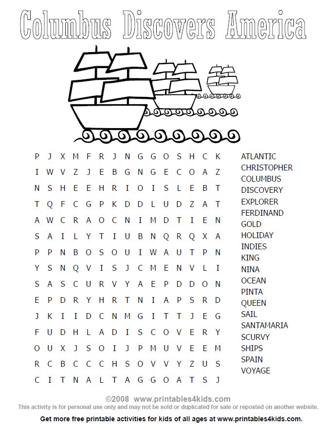 Columbus day wordsearch â printables for kids â free word search puzzles coloring pages and other activities