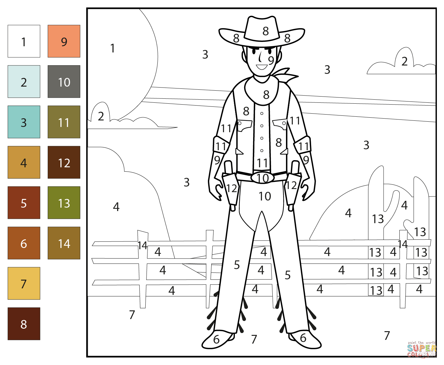 Cowboy color by number free printable coloring pages