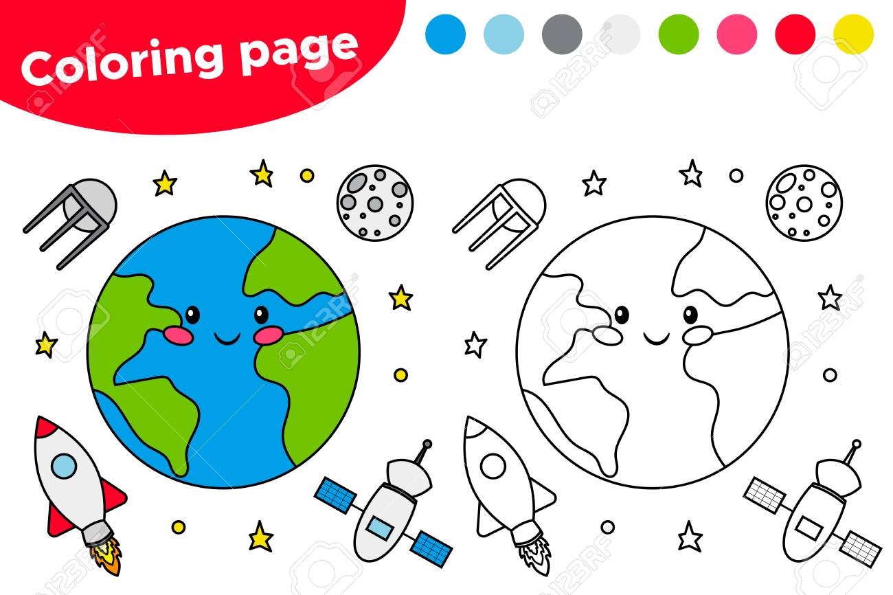 Printable coloring page with the earth satellite moon and rocket educational game for preschool kids space day kawaii cartoon character vector illustration royalty free svg cliparts vectors and stock illustration image