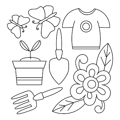Coloring pages for children garden tools seedlings butterflies vector illustration stock illustration