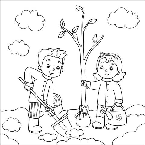 Boy and girl planting a tree coloring page free printable coloring pages