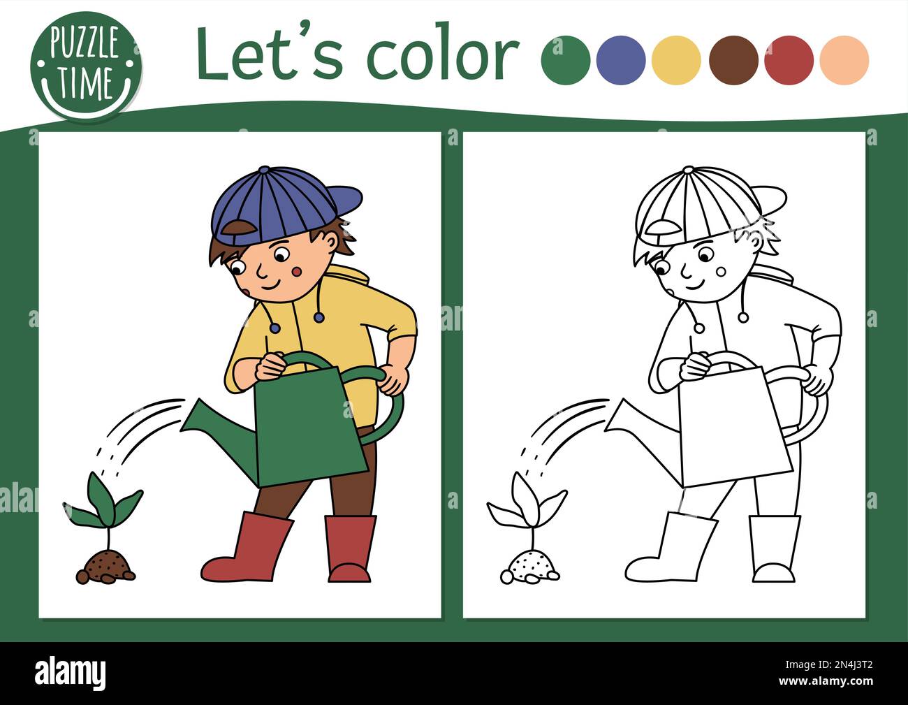 Garden coloring page for children with boy watering baby plant vector spring outline illustration adorable nature color book for kids with colored e stock vector image art