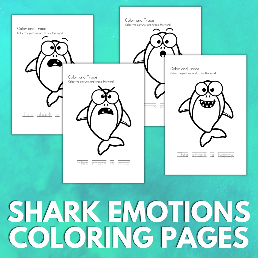 Free printable shark emotions color and write pages