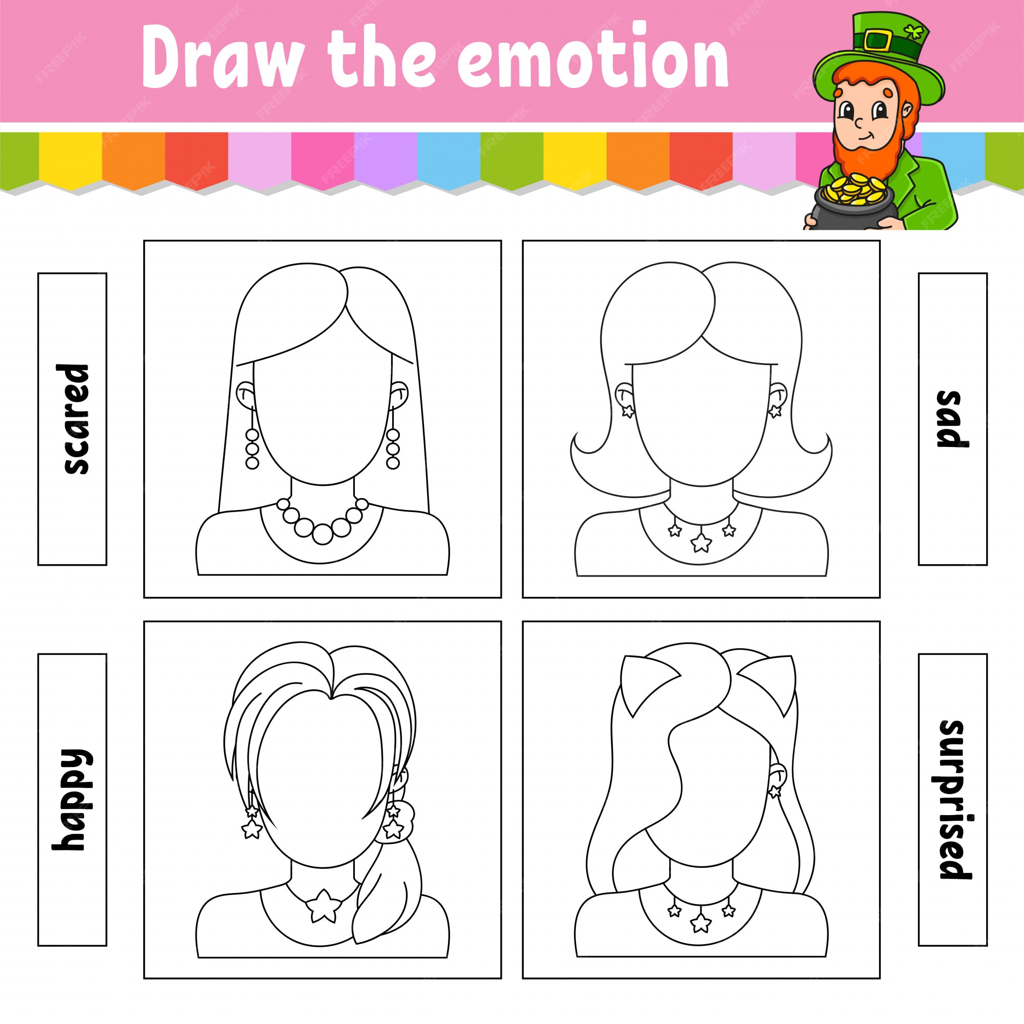 Premium vector draw the emotion worksheet plete the face coloring book for kids cheerful character