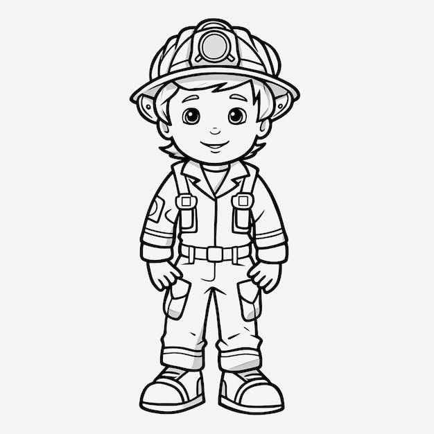 Premium photo cute firefighter coloring page full body shot with simple outline for kids