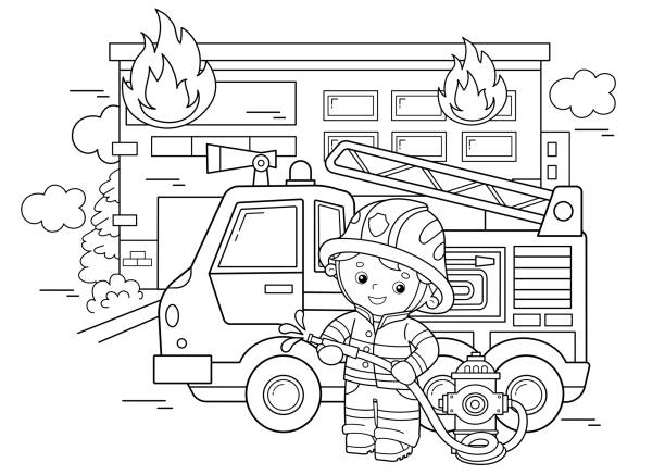 Coloring page outline of cartoon fire truck with fireman or firefighter fire fighting professional transport coloring book for kids stock illustration