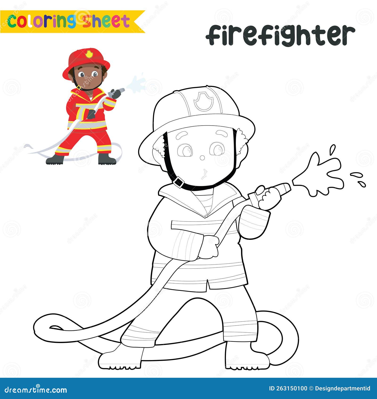 Coloring worksheet a firefighter boy tries to extinguish the fire stock vector