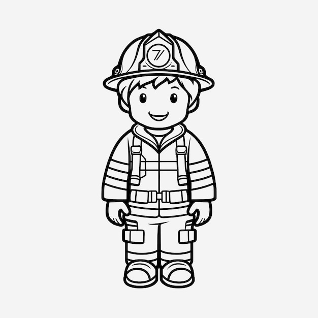 Premium photo cute firefighter coloring page full body shot with simple outline for kids