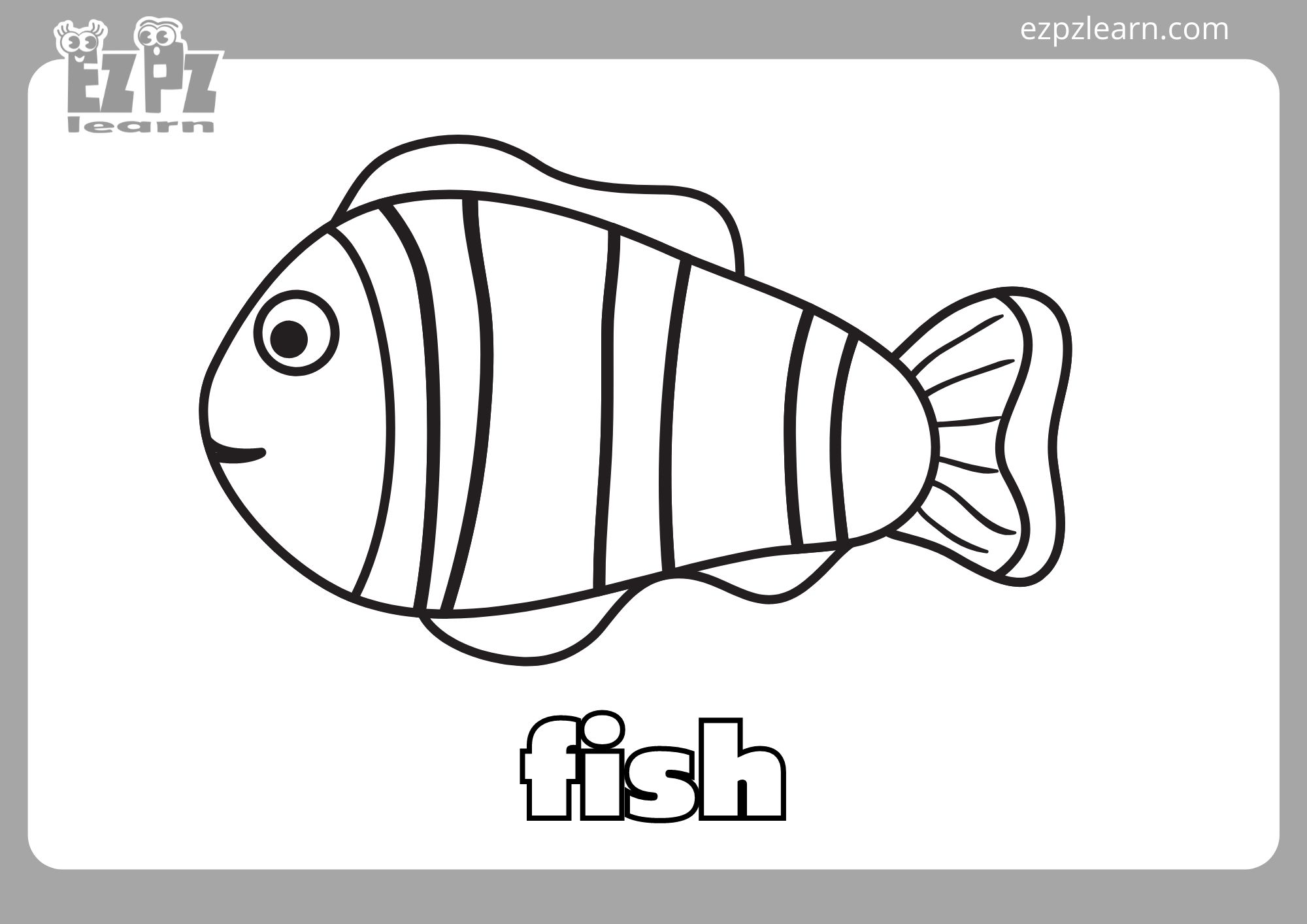Fish flashcard coloring page for kindergarten and preschool students