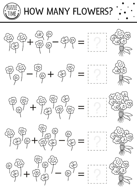 Premium vector mothers day black and white matching game with flowers holiday math line activity for preschool children with bouquet educational printable counting worksheet or coloring page for kidsxa