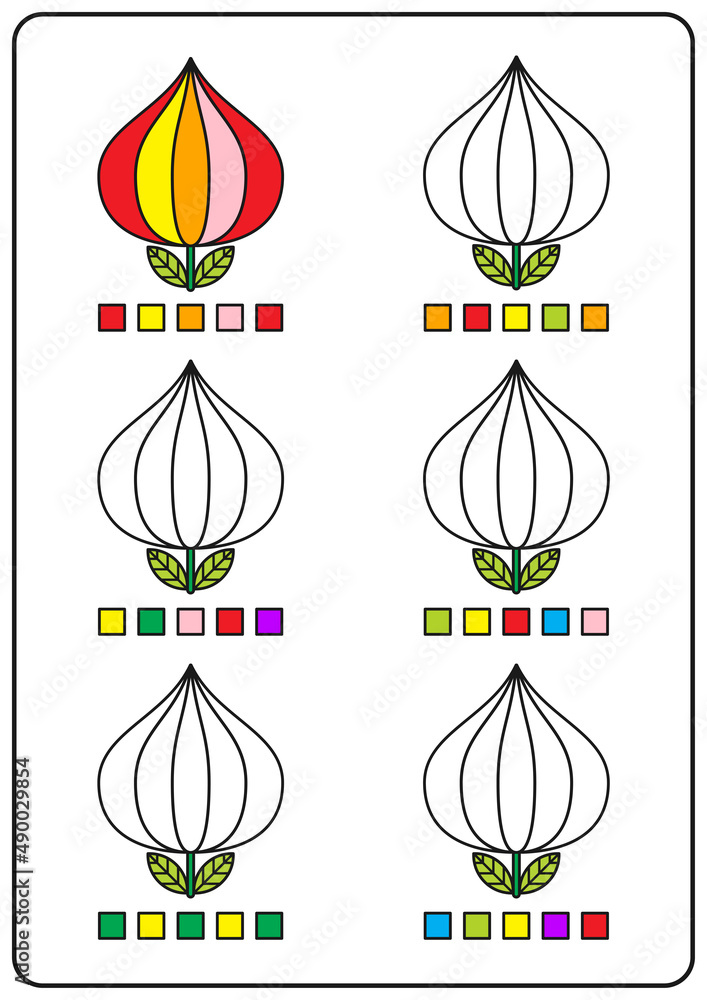 Coloring pages educational games for children preschool activities printable worksheets simple cartoon vector illustration of colorful objects to learn colors coloring flower buds vector