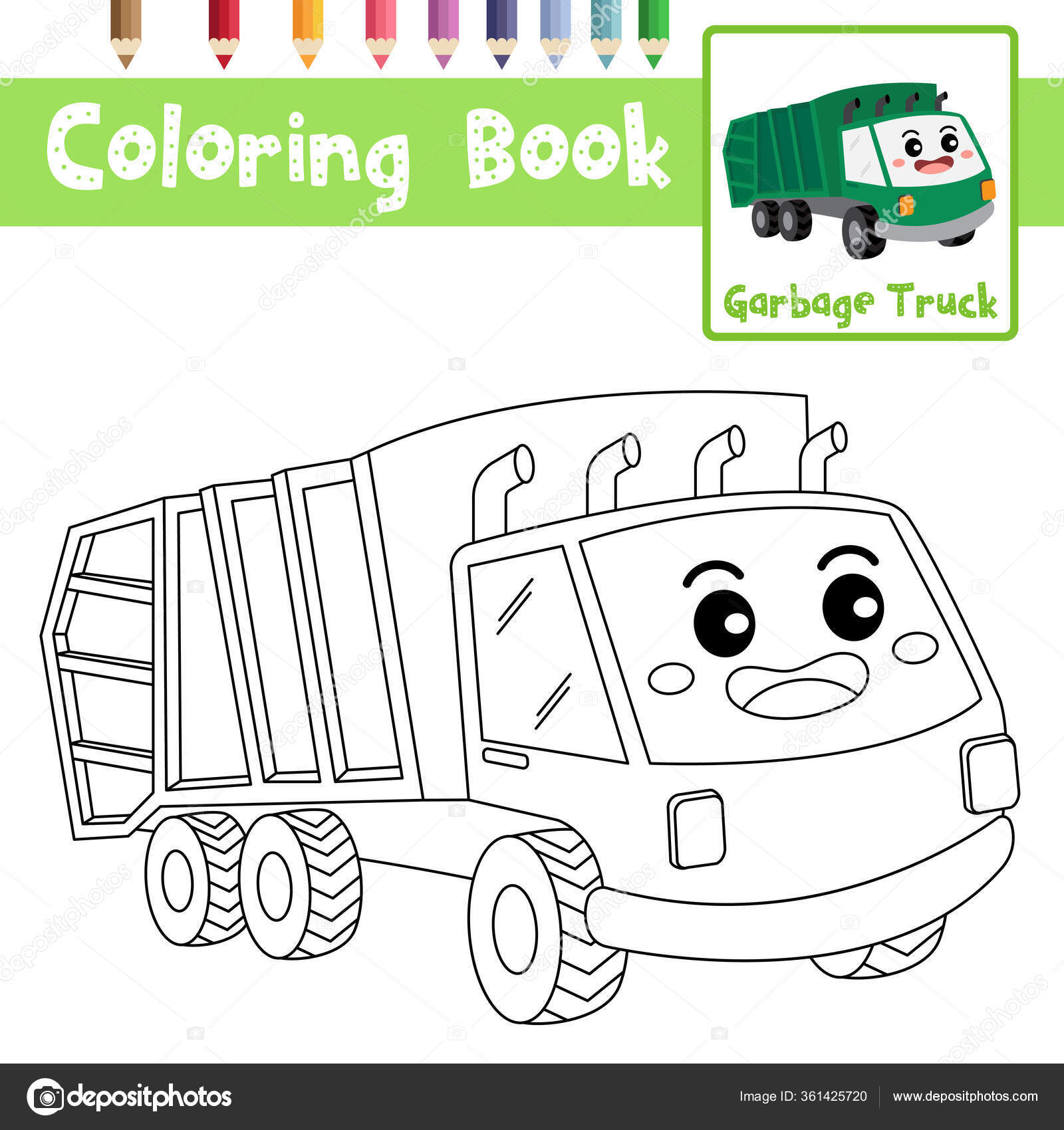 Coloring page cute garbage truck cartoon character perspective view transportations stock vector by natchapohn