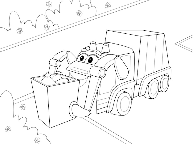 Premium vector coloring page of cute garbage truck cartoon character side view transportations for preschool kids