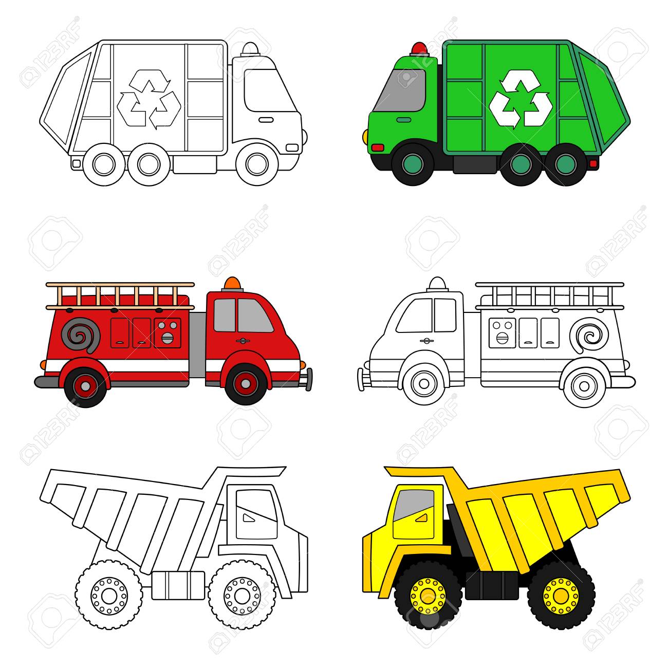 Coloring page for kids garbage truck fire truck and dump truck royalty free svg cliparts vectors and stock illustration image