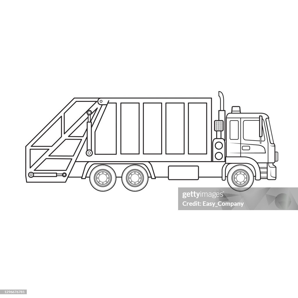 Garbage truck dustcart machine vehicle cartoon only black and white for coloring page children book high