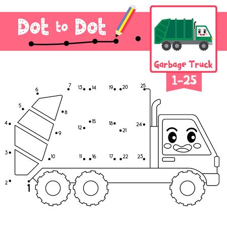 Dot to dot educational game and coloring book of cute garbage truck cartoon transportations for preschool kids activity about learning counting number