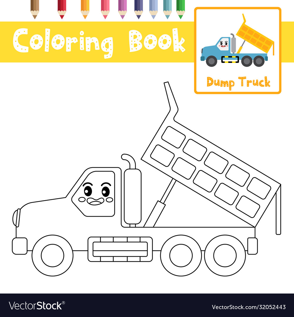 Coloring page dump truck cartoon character side vector image