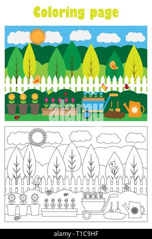 Garden picture with flowers in cartoon style summer coloring page education paper game for the development of children kids preschool activity stock vector image art