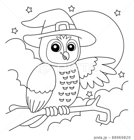 Owl witch hat halloween coloring page for kids