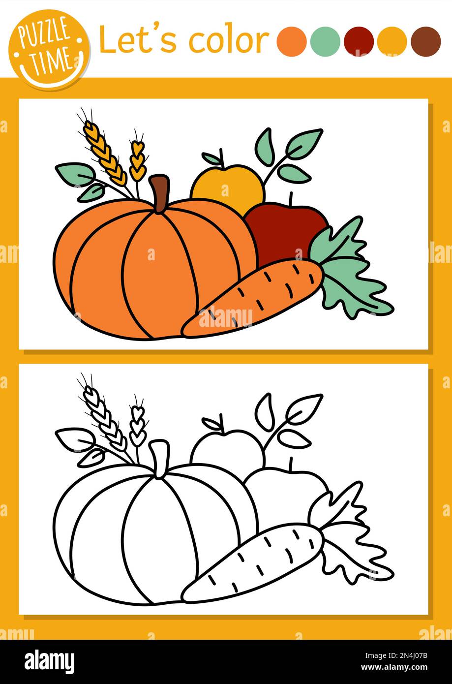 Garden coloring page for children with vegetables and fruit vector autumn outline illustration with harvest color book for kids with colored example stock vector image art