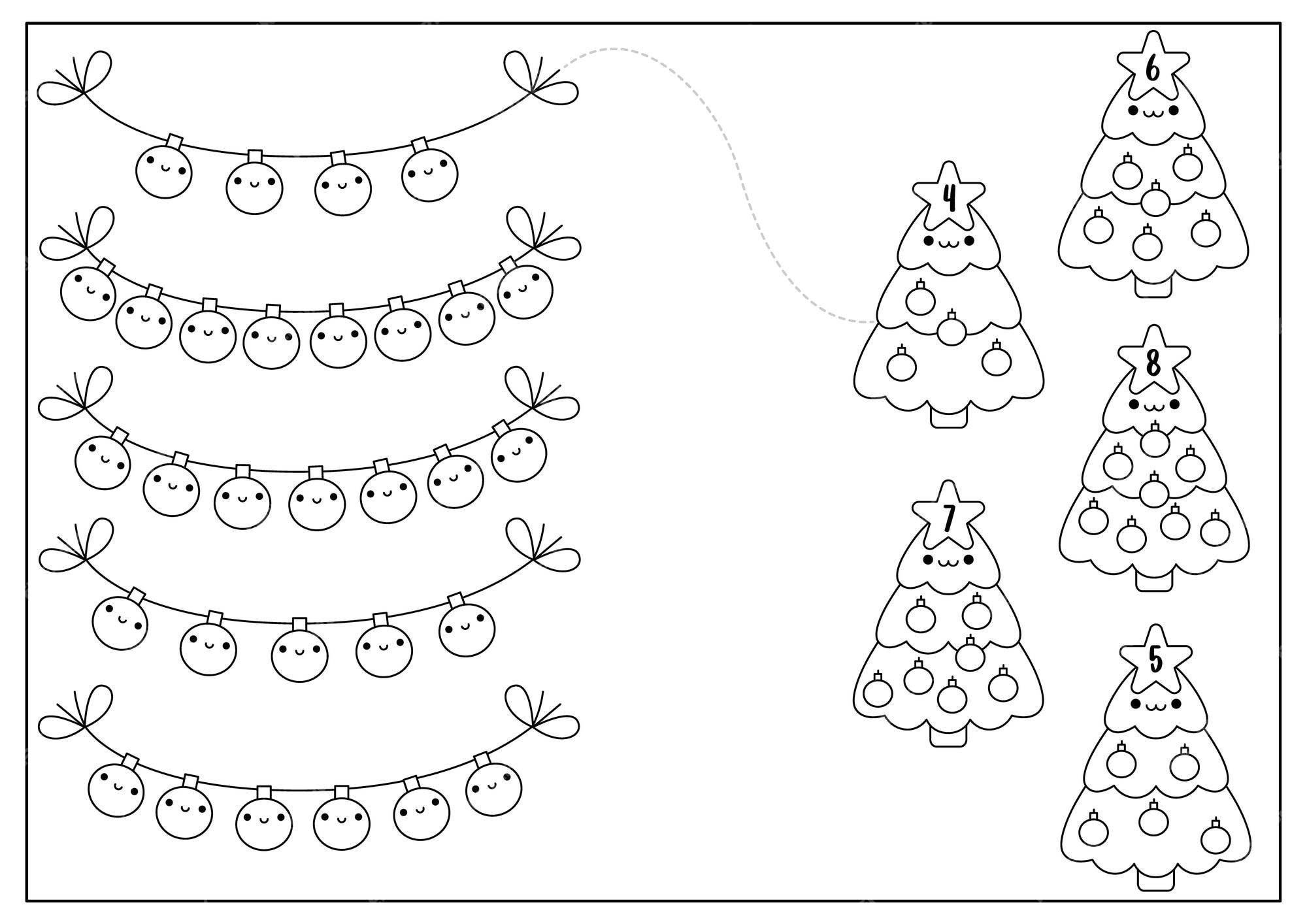 Premium vector christmas black and white matching game with cute kawaii fir tree colored balls winter line holiday math activity for preschool kids educational printable new year counting coloring page