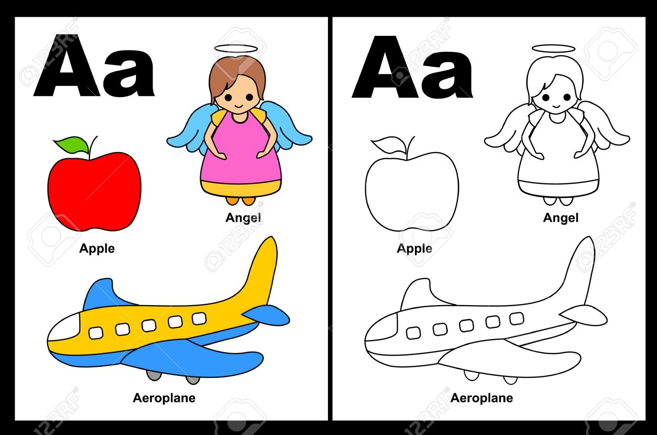Kids alphabet coloring book page with outlined clip arts to color letter a royalty free svg cliparts vectors and stock illustration image