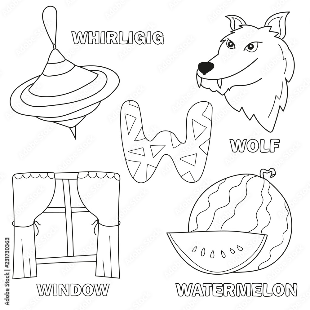 Black and white cartoon vector illustration of letter w worksheet for preschool and elementary age children coloring book
