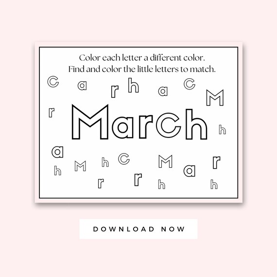 March coloring page for kids months of the year worksheet printable preschool instant download worksheet toddler letter practice instant download