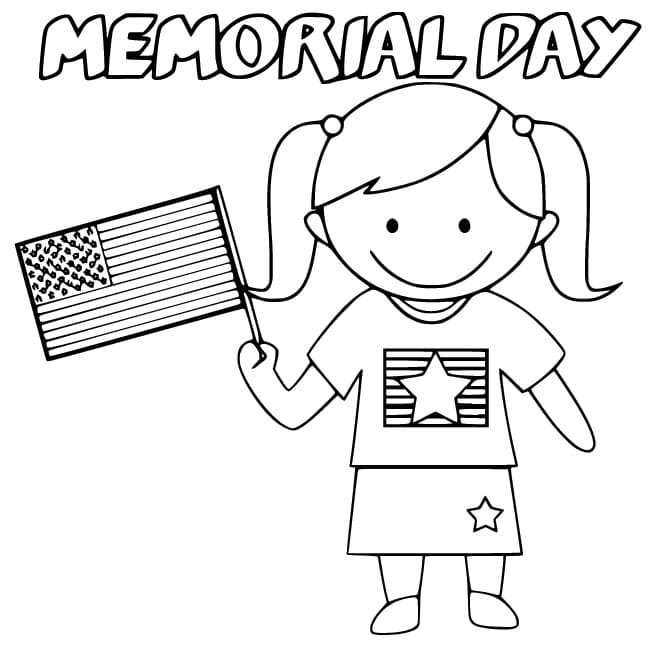 Little girl with flag on memorial day coloring page