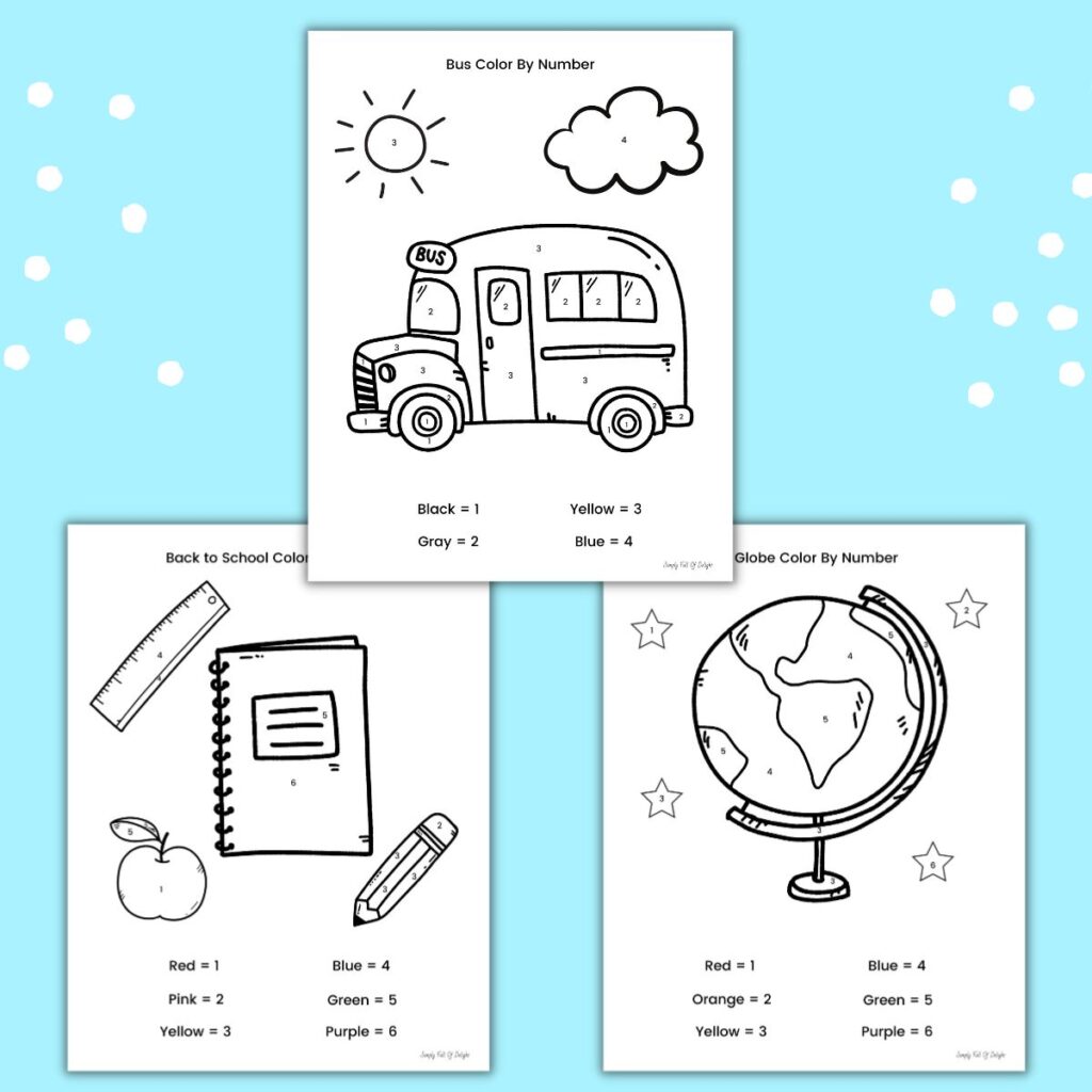 Back to school color by number worksheets free printable