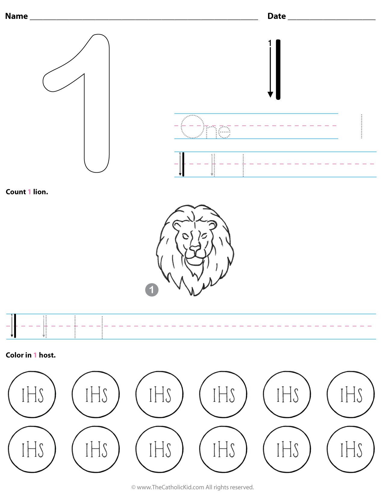 Catholic number worksheet preschool kindergarten coloring page