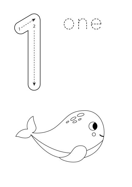 Flashcard number preschool worksheet black and white whale stock illustration