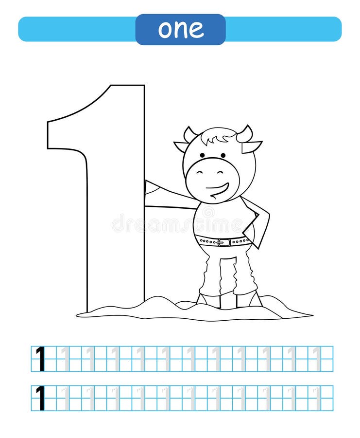 One learning number coloring printable worksheet for kindergarten and preschool bull stock vector