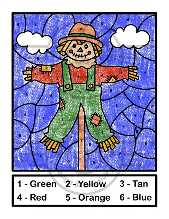 Scarecrow color by number activity page autumn activity sheet fall coloring page seasonal activity elementary preschool kindergarten color
