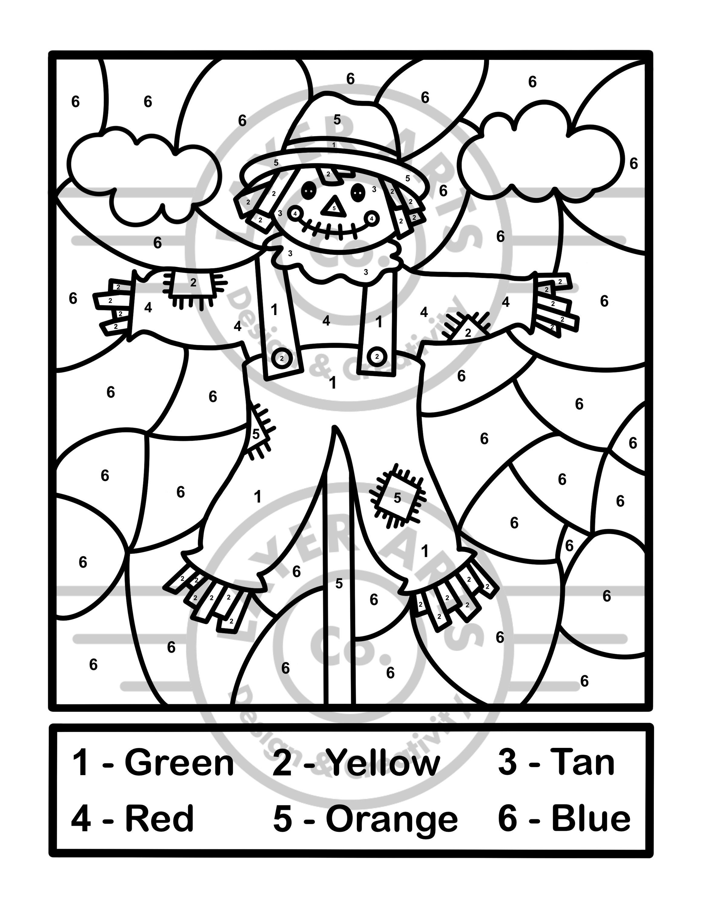 Scarecrow color by number activity page autumn activity sheet fall coloring page seasonal activity elementary preschool kindergarten color