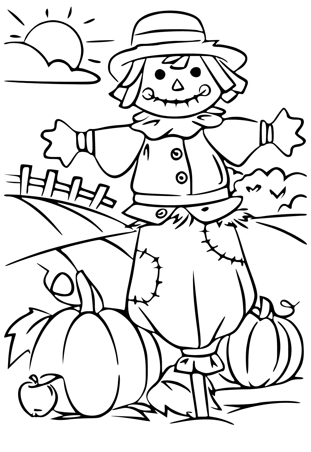 Free printable autumn fall scarecrow coloring page sheet and picture for adults and kids girls and boys