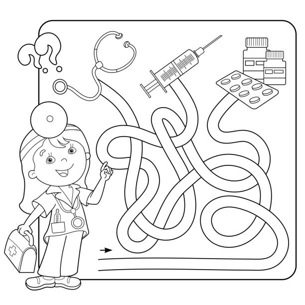 Maze or labyrinth game for preschool children puzzle tangled road matching game coloring page outline of cartoon doctor with medical tools coloring book for kids stock illustration
