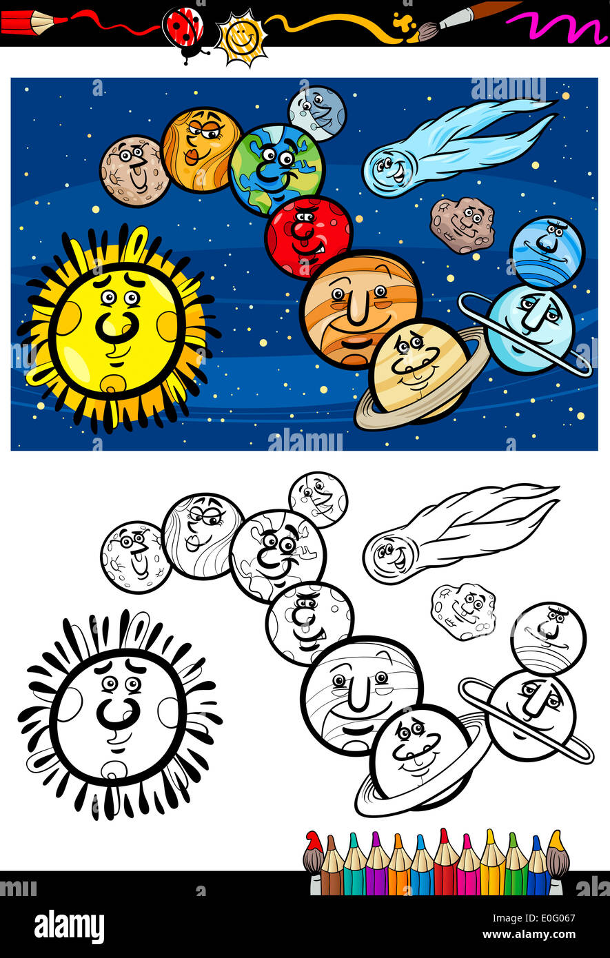 Coloring book or page cartoon illustration of color and black and white solar system planets characters for children stock photo