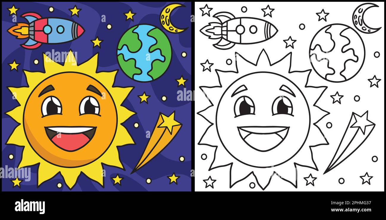 Happy sun in space coloring page illustration stock vector image art