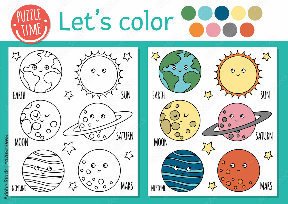 Space coloring page for children cute funny kawaii planets earth moon sun vector astronomy outline illustration with solar system cosmos color book for kids with colored example vector