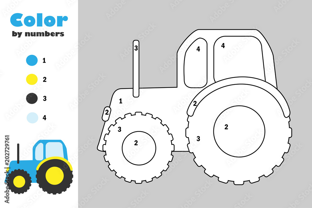 Tractor in cartoon style color by number education paper game for the development of children coloring page kids preschool activity printable worksheet vector illustration vector